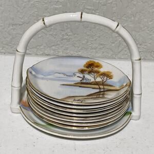 Vtg Lenwile Ardalt Hand Painted 3.5” Coasters With Caddy Occupied Japan Set Of 8